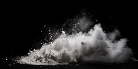  a white splash painting on black background, white powder dust paint white explosion explode burst isolated splatter abstract. white smoke or fog particles explosive special effect