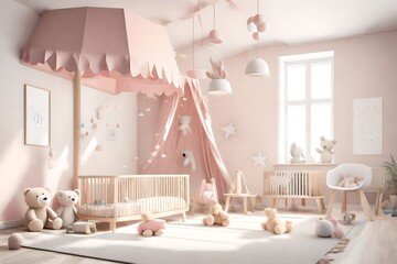Pink canopy in kids playroom, stuffed animals, wooden toys and ceiling lamp on bright Scandinavian interior. Pastel colors in children room. 3D rendering , 3D illustration