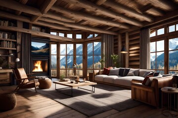 Fototapeta na wymiar Wooden home interior in the Alps, cosy shalet high in the mountains, rustic style living room, AI generative realistic illustraion