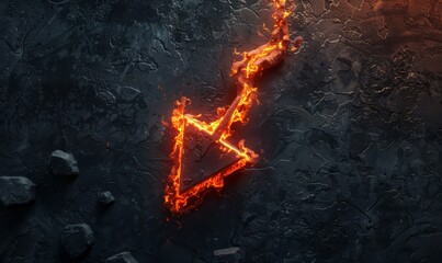 A burning arrow with orange flames, pointing downwards against a backdrop of black lava, symbolizing descent or danger