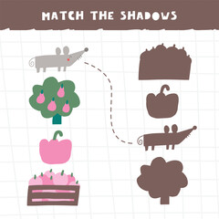 Match the shadow game for kids. Cute hand drawn doodle funny village, ranch, rural puzzle with mouse, tree, apple. Educational worksheet, mind task, riddle, strategy quiz, mental teaser, challenge