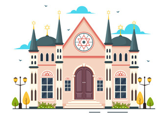 Synagogue Building or Jewish Temple Vector Illustration with Religious, Hebrew or Judaism and Jew Worship Place in Flat cartoon Background