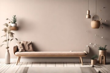 Bench with decor close up in home interior background, wall mock up, 3d render - obrazy, fototapety, plakaty