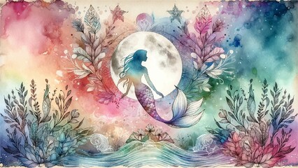 Obraz na płótnie Canvas beautiful mermaid with the moon , children fantasy, Princess , magical, dreamy sea, abstract illustration of mermaid, luxury, spectacular landscape