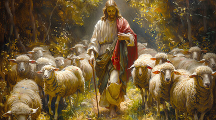 Bible shepherd and his flock of sheep in an Olive Grove.