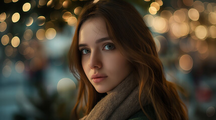 Close-up of a young woman with wavy hair and a scarf, with festive bokeh lights in the background.
