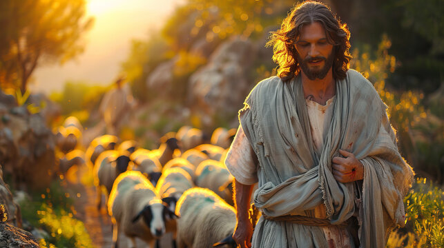 Bible shepherd and his flock of sheep in an Olive Grove.