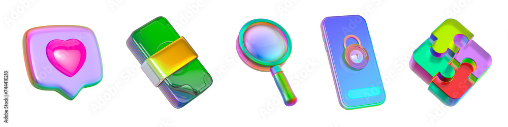 Fototapete set of internet icon with iridescent glass and colorful reflections isolated on white 3d rendering