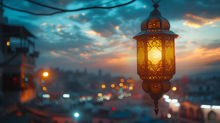 Traditional Arabic Lantern Against Twilight Sky, Symbol of Celebration and Festivity - Generative AI