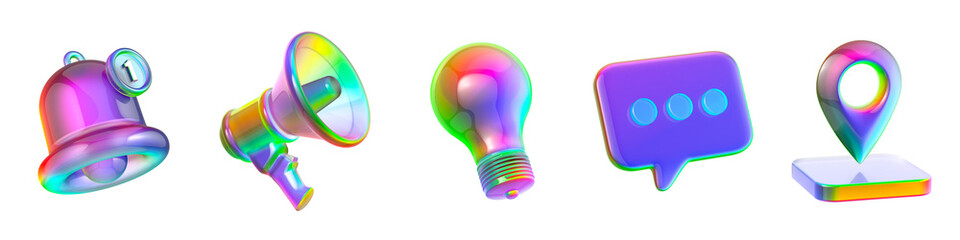 Set of internet icon with iridescent glass and colorful reflections Isolated on white 3d rendering