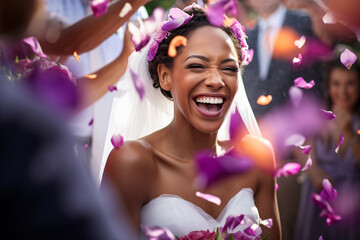 Laughing african american bride with flower petals on wedding day