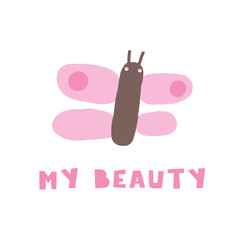 Cute hand drawn doodle butterfly. Funny quirky insect illustration in cartoon style. Icon, sign, symbol with flying butterfly. Card, postcard, cover with my beauty text on white background