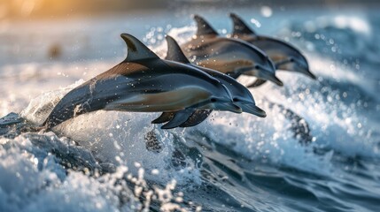 Obraz premium A school of dolphins playing in the waves
