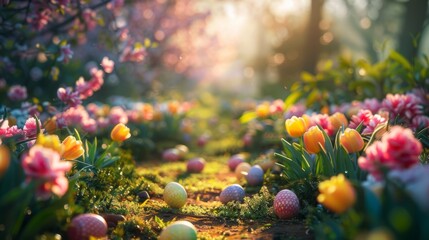 Easter egg hunt in a blooming garden