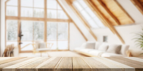 Indoor wooden platform, living room background.