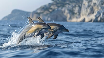 Playful dolphins jumping in the ocean