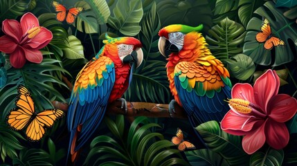 Fototapeta premium Tropical jungle with colorful birds and butterflies