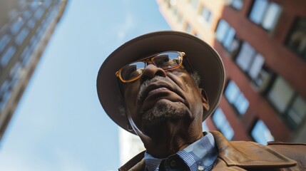 Cool senior man in big city, low angle shot from below