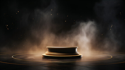 Fototapeta na wymiar Gold podium on dark background with smoke. Empty pedestal for award ceremony. Platform illuminated by spotlights, Generative Ai