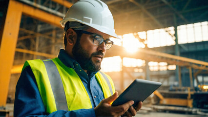 Professional Heavy Industry Engineer/Worker Wearing Safety Uniform and Hard Hat Uses Tablet Computer