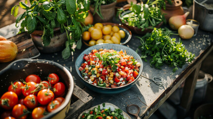 A vibrant garden table spread with a homemade salad and fresh herbs in sunlight.