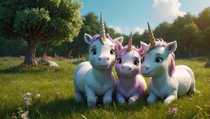 a group of three little unicorns standing next to each other