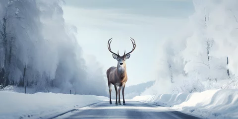 Poster Deer Standing on a Snowy Road. Noble Deer with Winter Landscape © Resdika