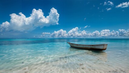 a small boat in the sea and sky background, in the style of sky-blue and azure, documentary photo
