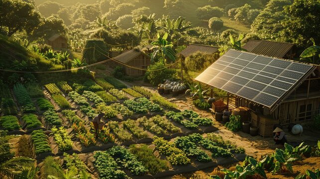 Farmers tending to crops beneath the shade of solar panels, embracing renewable energy in agriculture