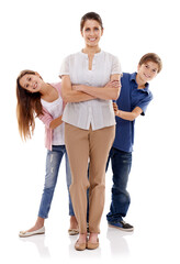 Fototapeta premium Happy mother, portrait and children with family for support, love or bonding on a white studio background. Mom and kids with smile in confidence for protection, trust or parenting in care or safety