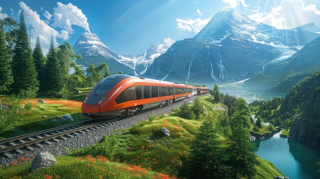 train powered by renewable energy, gliding through a scenic landscape powered by the sun and wind