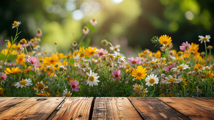 Wildflowers blooming on a rustic wooden table background, creating a charming scene of nature's beauty and tranquility, Generative Ai.

