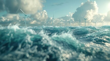 Offshore wind turbines standing strong amidst the gentle waves, a testament to renewable energy's potential - obrazy, fototapety, plakaty