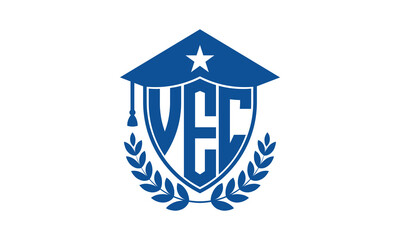 VEC three letter iconic academic logo design vector template. monogram, abstract, school, college, university, graduation cap symbol logo, shield, model, institute, educational, coaching canter, tech