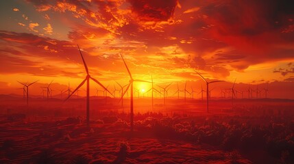 silhouette of wind turbines against a fiery sunset sky, harnessing the last rays of daylight - Powered by Adobe