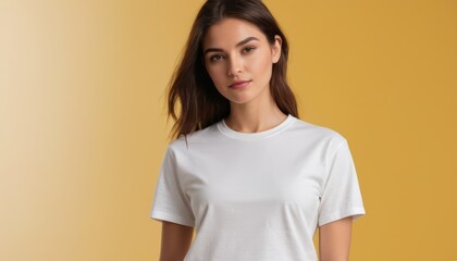 Obraz premium Young woman in white shirt mockup on yellow background.