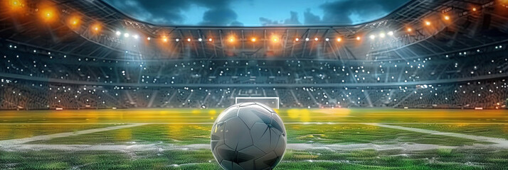a soccer ball on the field of a big stadium, - obrazy, fototapety, plakaty