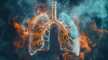 Unhealthy lungs due to smoking inhalation and environmental factors, deteriorating respiratory health. Witness the consequences of tobacco use and pollution, Generative AI.

 - obrazy, fototapety, plakaty