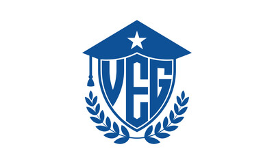 VEG three letter iconic academic logo design vector template. monogram, abstract, school, college, university, graduation cap symbol logo, shield, model, institute, educational, coaching canter, tech