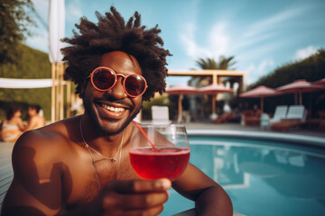 Man with afro hairstyle toasting with cocktail on a pool - obrazy, fototapety, plakaty