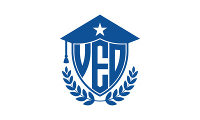 VEO three letter iconic academic logo design vector template. monogram, abstract, school, college, university, graduation cap symbol logo, shield, model, institute, educational, coaching canter, tech