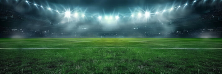 empty soccer field stadium at night with a line and light - obrazy, fototapety, plakaty