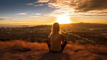 Rear view of woman hiker sitting on rock on top of hill while looking at sunset over San Diego California AI generated