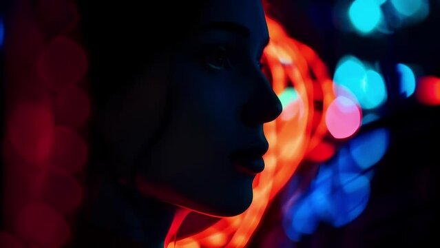 A profile shot of a woman with piercing green eyes, framed by a halo of swirling red and blue lights, reminiscent of the elusive Northern Lights.
