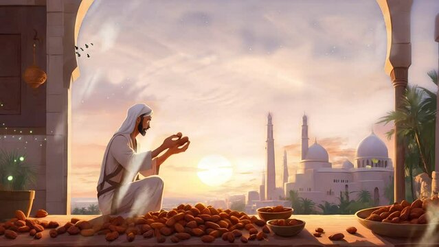 a man is collecting dates in the afternoon of the month of Ramadan illustration looping video