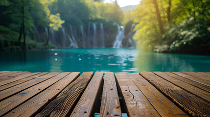 Wooden table top plank with blur background of Plitvice Lakes National Park, showcasing natural beauty and tranquility, Generative Ai.

