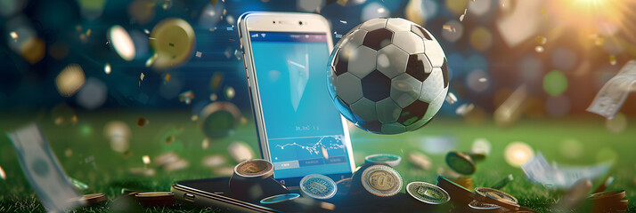 Virtual sports betting on soccer using smartphone, money currency and ball - obrazy, fototapety, plakaty