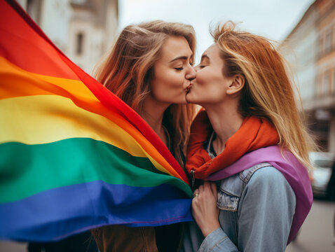Happy woman kissing girl with rainbow flag wearing on city street, LGBT motivation. 