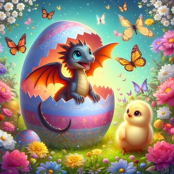A dragon hatching from an Easter egg with mini easter eggs flying surrounded by broken eggshell pieces, generative AI