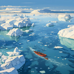 illustration of aerial view of canoe floating in calm clear water with icebergs in Greenland in daylight 